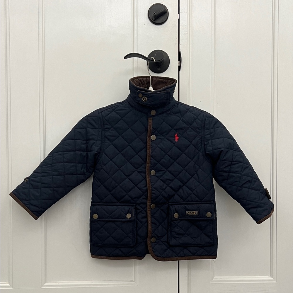 Ralph Lauren Dark Blue Quilted Jacket with Brown Trim